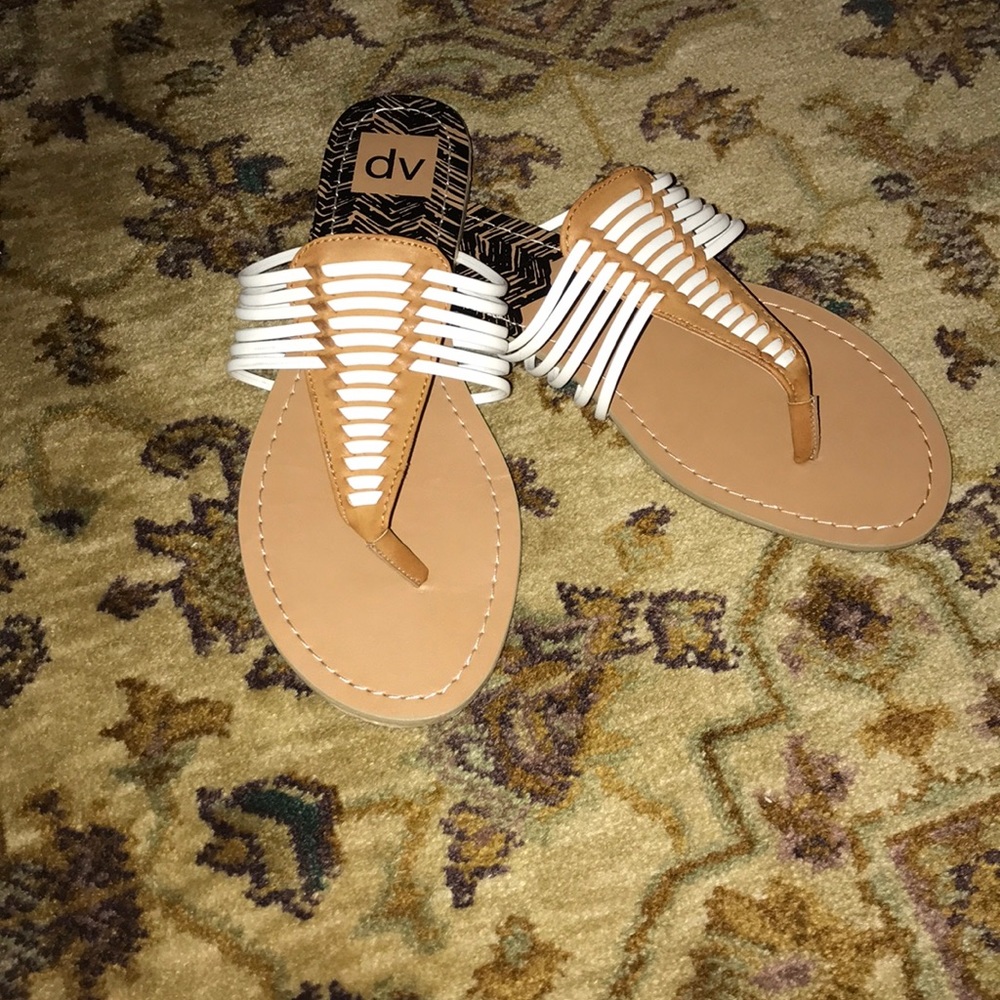dv dolce vita tan sandals with white detailing